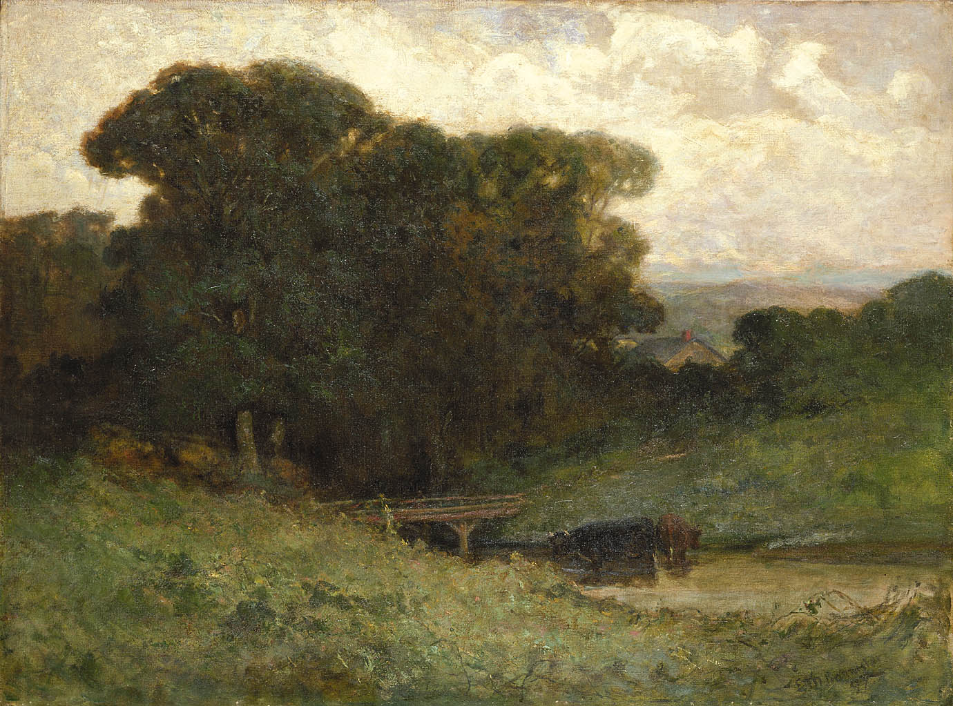 Untitled (forest scene with bridge, cows in stream in foreground)