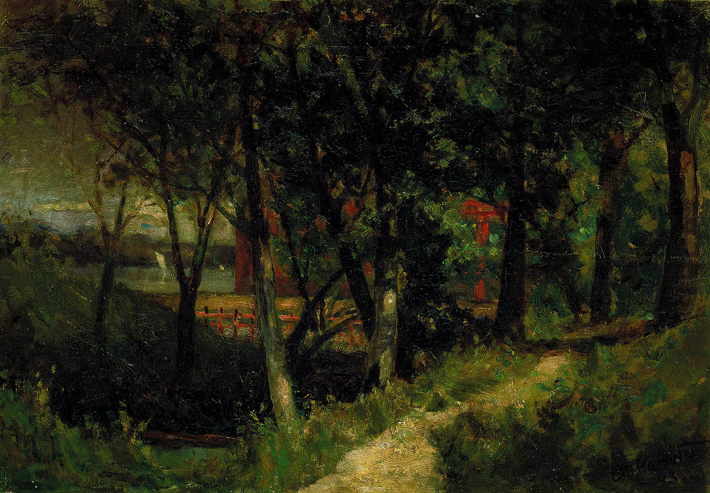 Untitled (landscape, forest scene with red fence and building)
