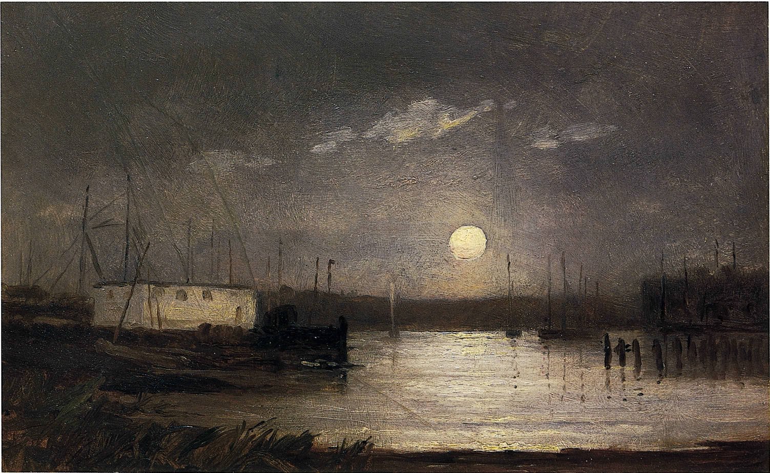 Untitled (moon over a harbor, wharf scene with full moon and masts of boats)