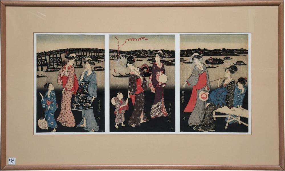 Triptych Woodblock Print- titled Enjoying the Evening Cool on the Banks of the Sumida River (or Women Watching Fireworks at Ryogoku) by the renowned Edo-period ukiyo-e artist Kitagawa Utamaro. Overall size 25 x 41 inches framed.