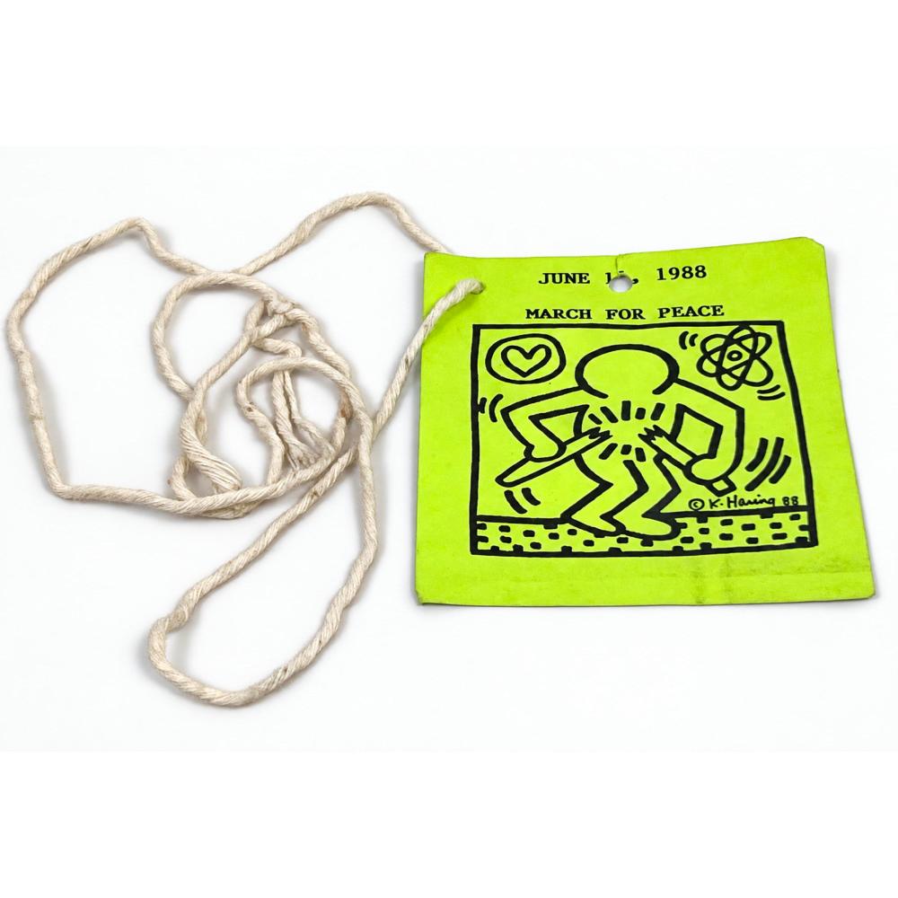 KEITH HARING MARCH FOR PEACE 1988 OFFSET PRINT WITH ORIGINAL LANYARD INTENDED TO BE WORN BY MARCHERS