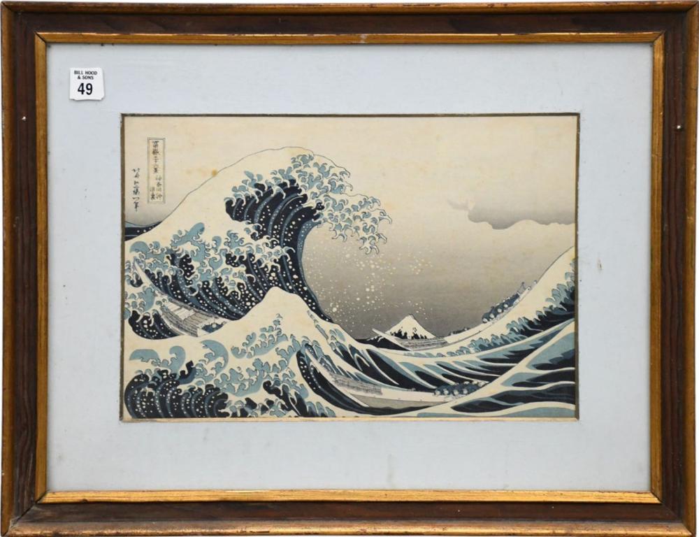 The Great Wave off Kanagawa (also known as Under the Wave off Kanagawa) Katsushika Hokusai, a master of Japanese ukiyo-e art from the Edo period, depicting a giant, cresting wave about to crash over small boats, with Mount Fuji in the ba